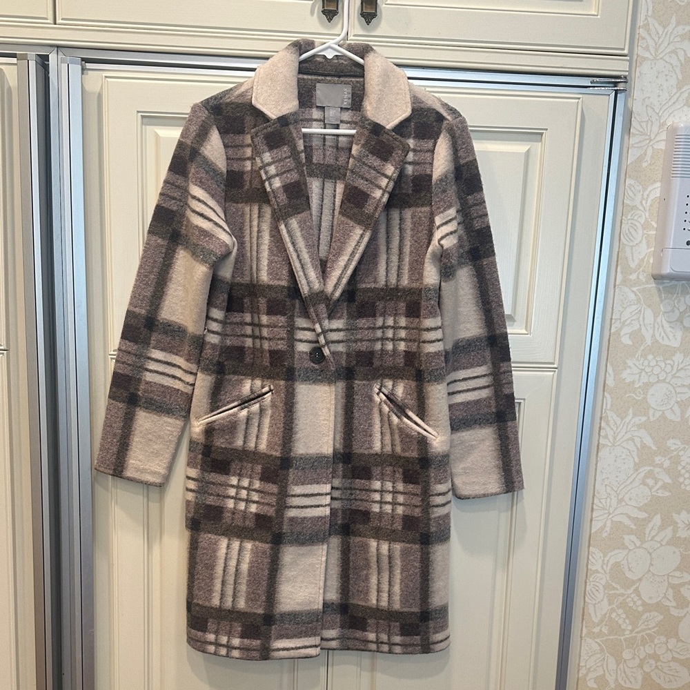 Kenar Plaid Coat in Cream and Brown